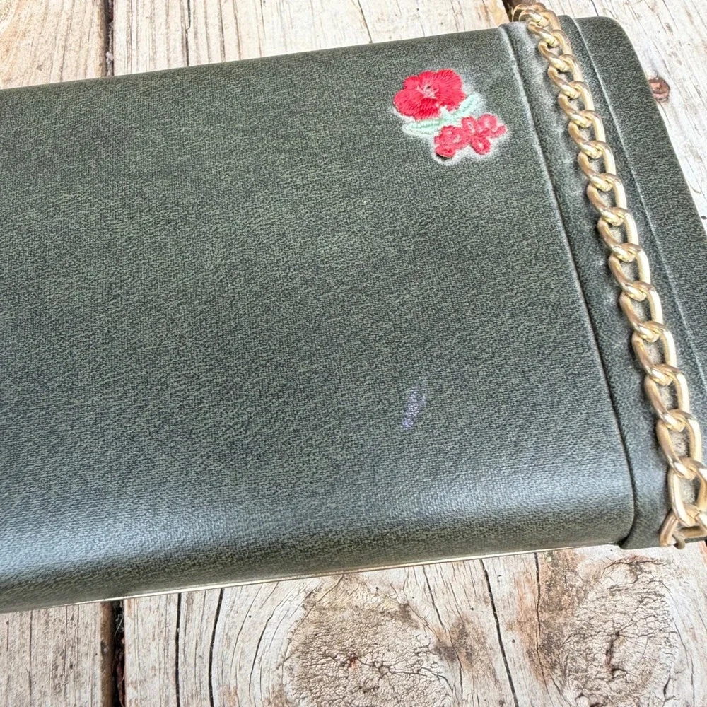 Vintage Dante Green Faux Leather Jewelry Valet Box Gold Chain Floral Rose Accent